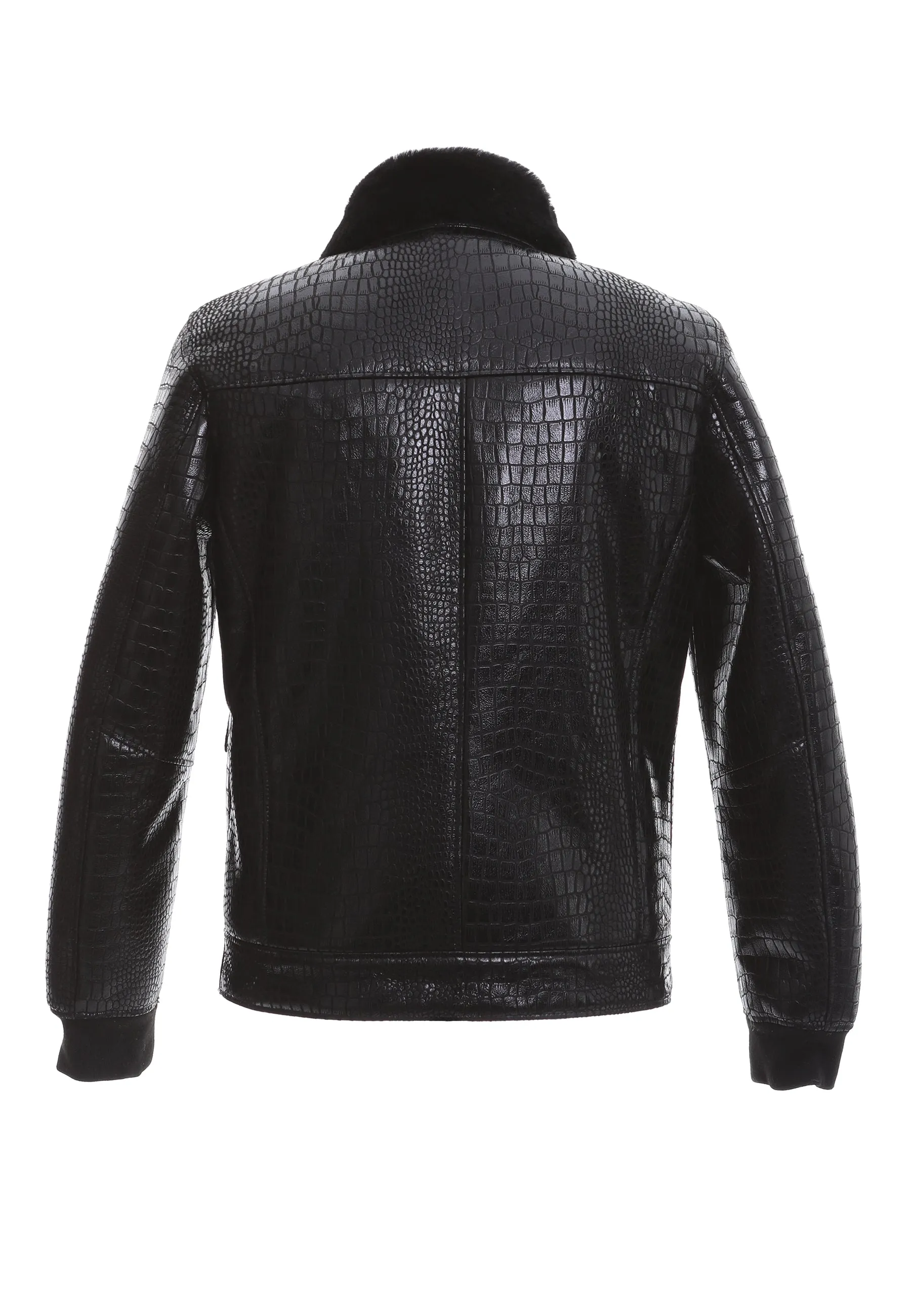 Men's Black Leather Bomber Jacket, Crocodile Emboss