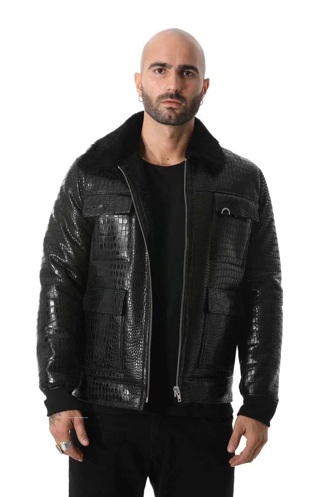 Men's Black Leather Bomber Jacket, Crocodile Emboss