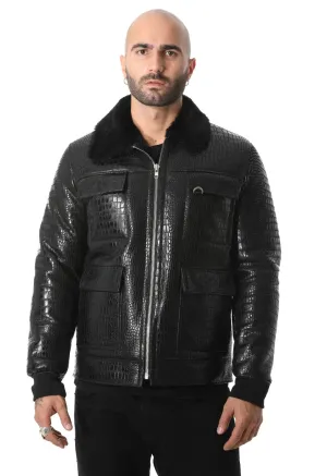 Men's Black Leather Bomber Jacket, Crocodile Emboss