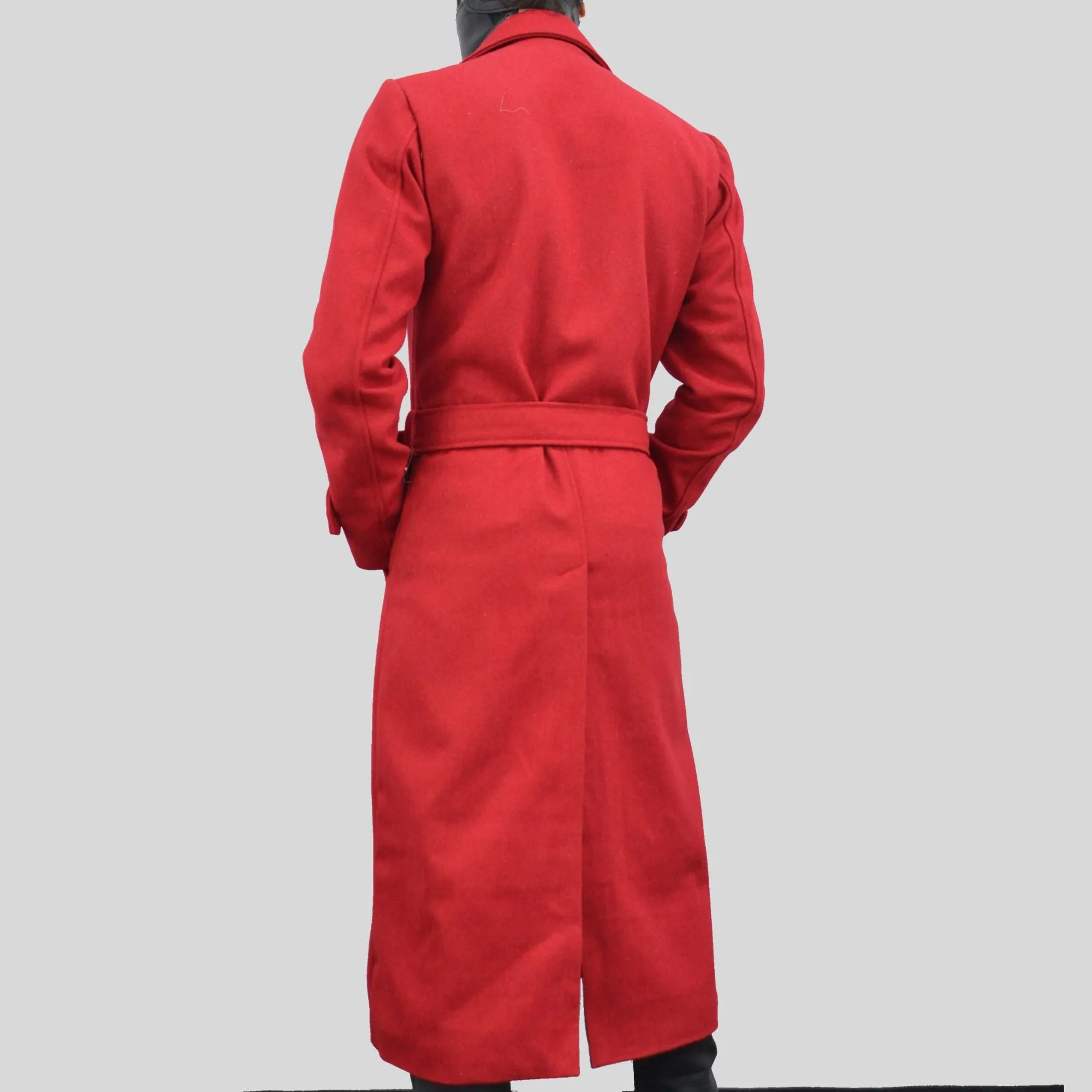 Men's Double-Breasted Red Long Genuine Wool Casual Belted Trench Coat