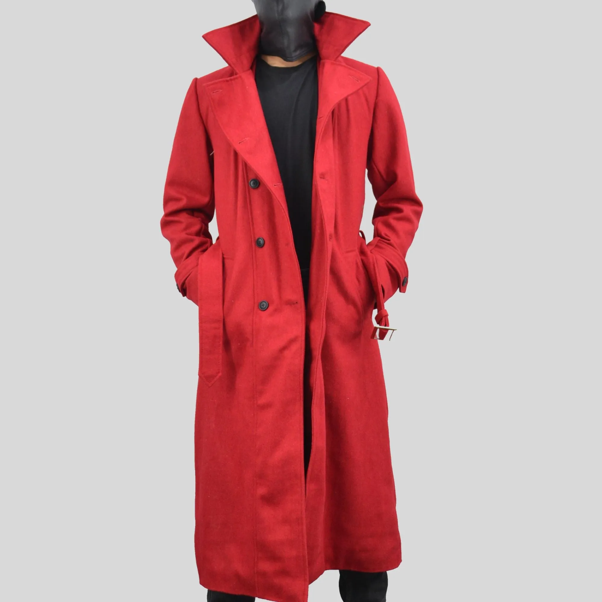 Men's Double-Breasted Red Long Genuine Wool Casual Belted Trench Coat