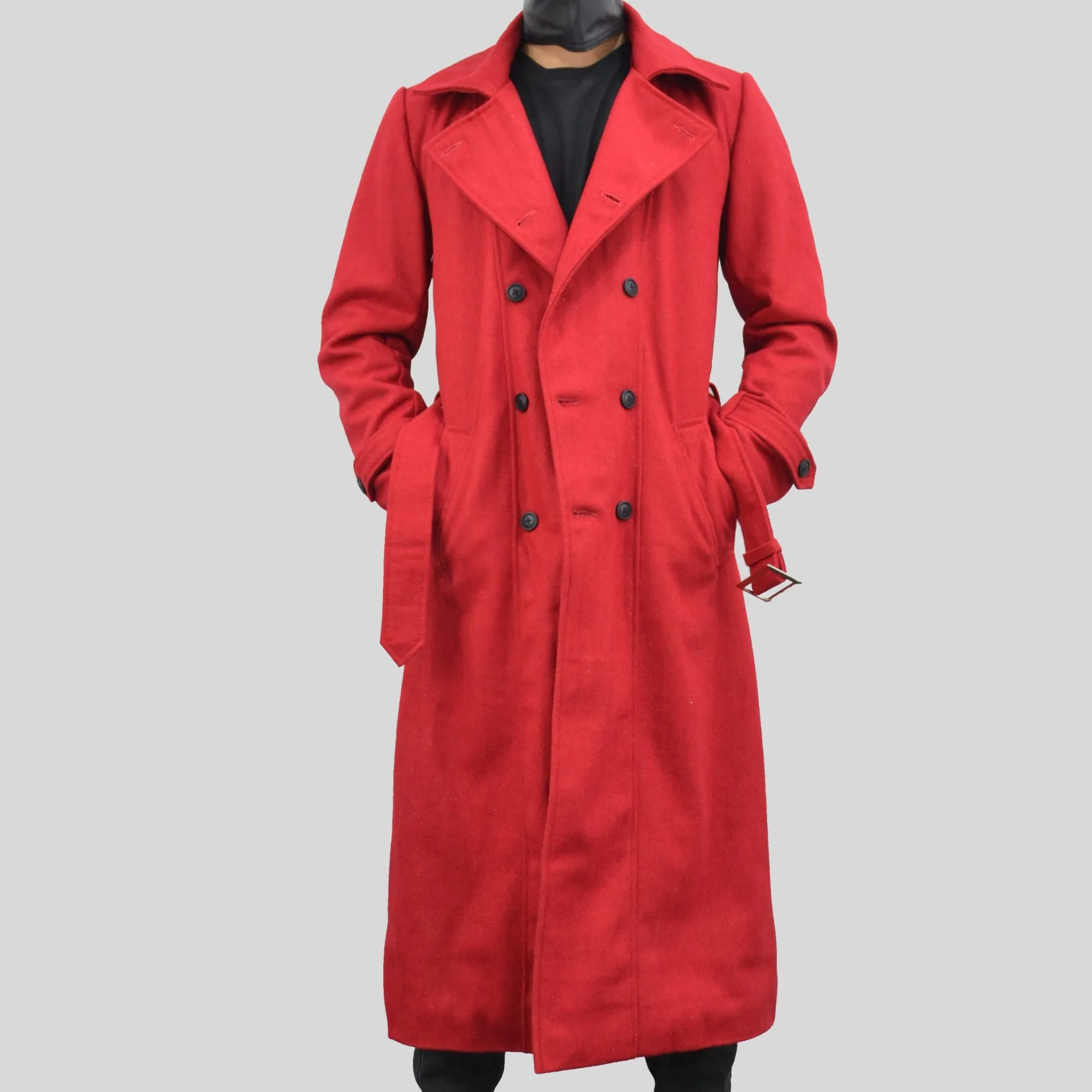 Men's Double-Breasted Red Long Genuine Wool Casual Belted Trench Coat