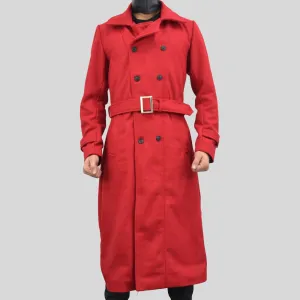 Men's Double-Breasted Red Long Genuine Wool Casual Belted Trench Coat