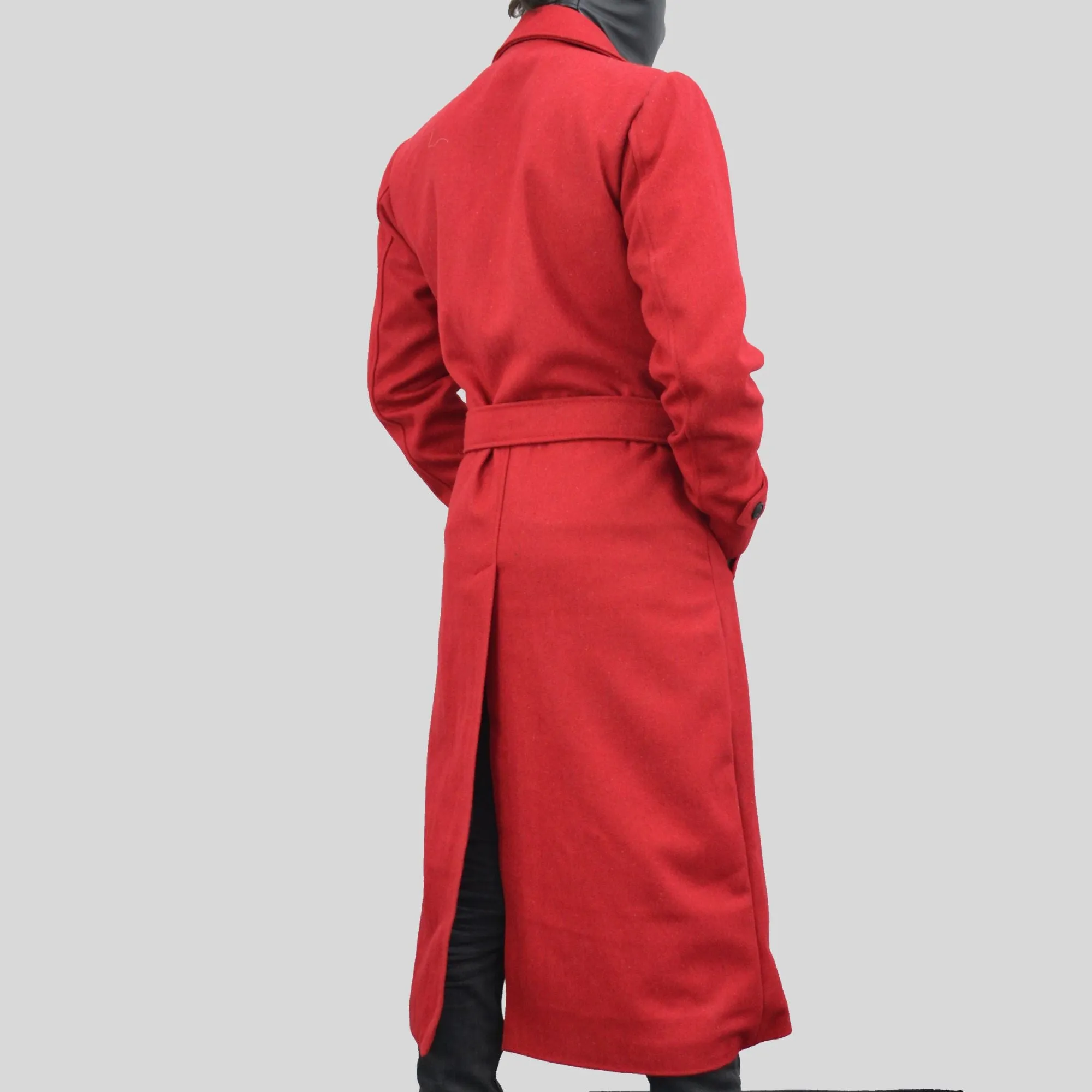 Men's Double-Breasted Red Long Genuine Wool Casual Belted Trench Coat