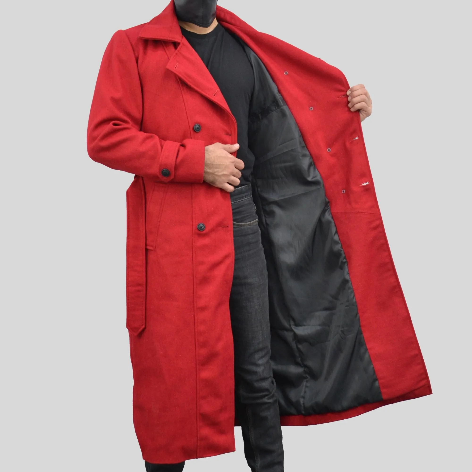 Men's Double-Breasted Red Long Genuine Wool Casual Belted Trench Coat