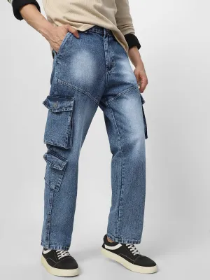 Men's Light Blue Loose Fit Cargo Jeans With 7 Pockets Non Stretchable