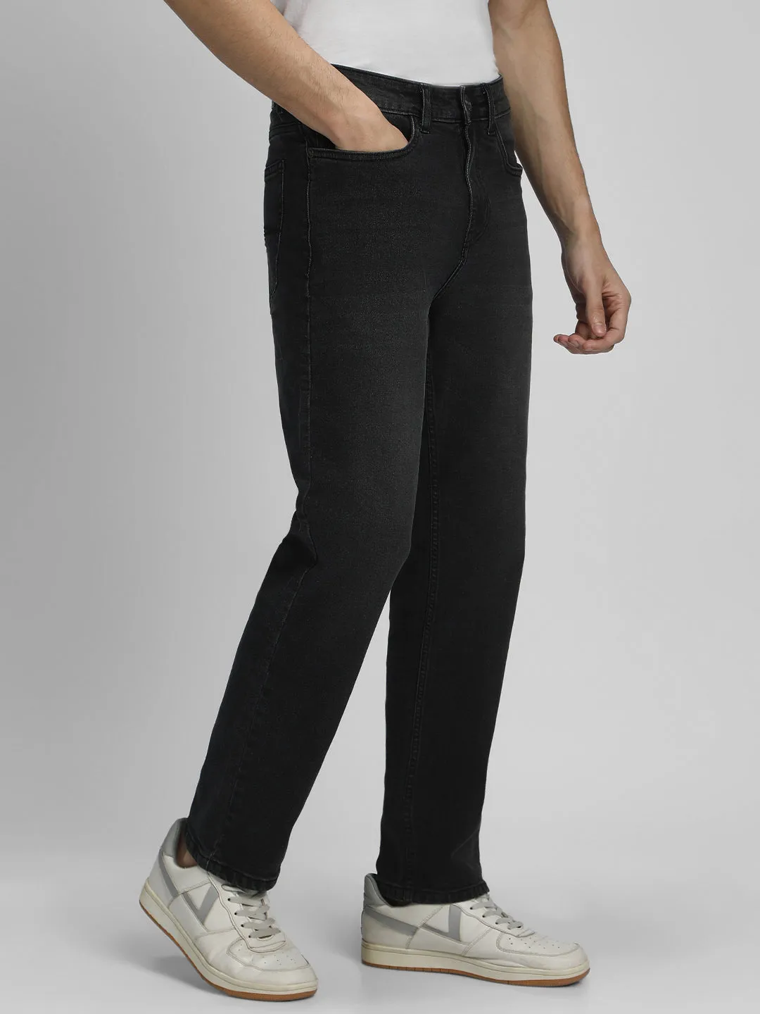 Men's Straight Fit Washed Black Stretchable Jeans