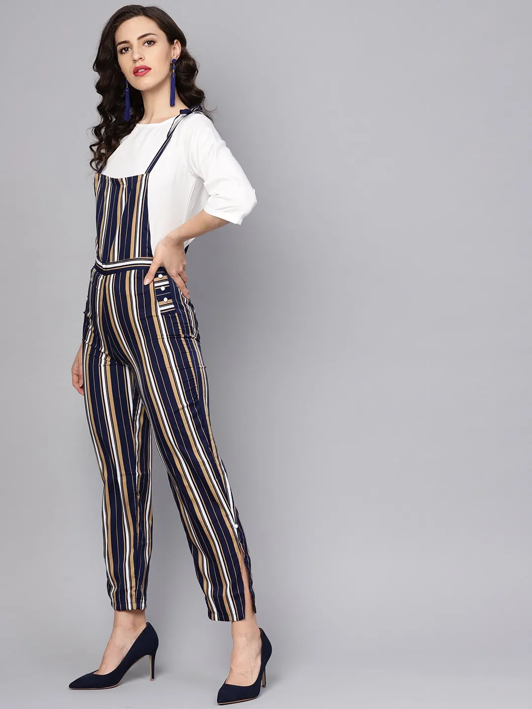 Multi Colored Striped Knot Style Dungree With White Top