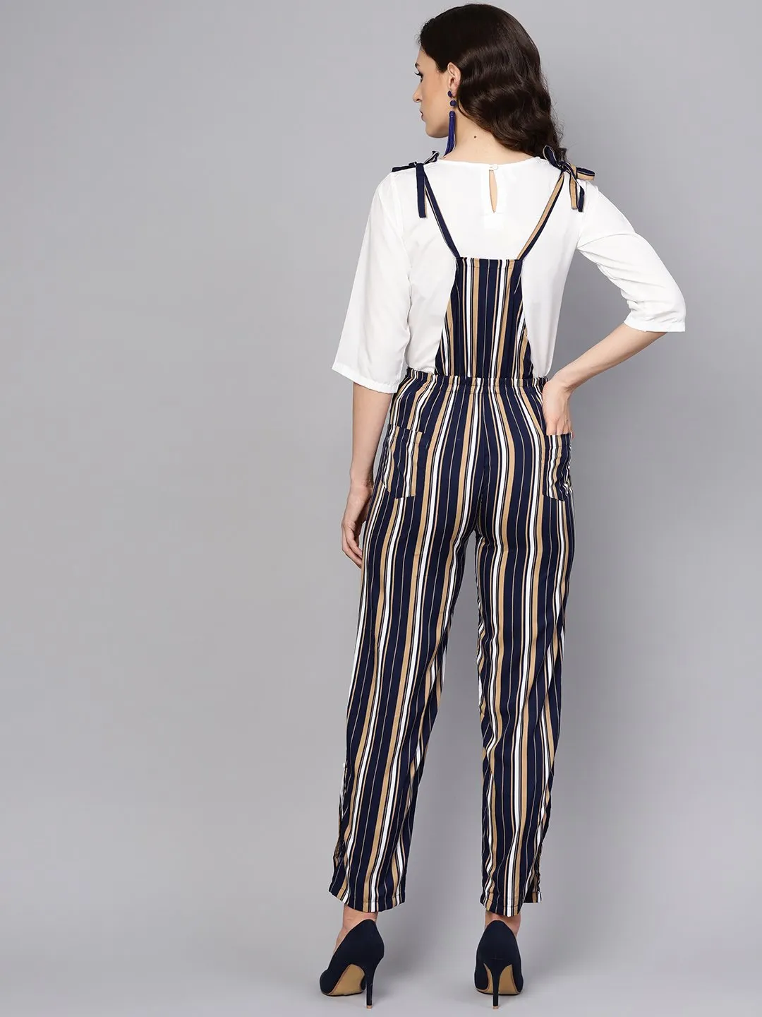 Multi Colored Striped Knot Style Dungree With White Top