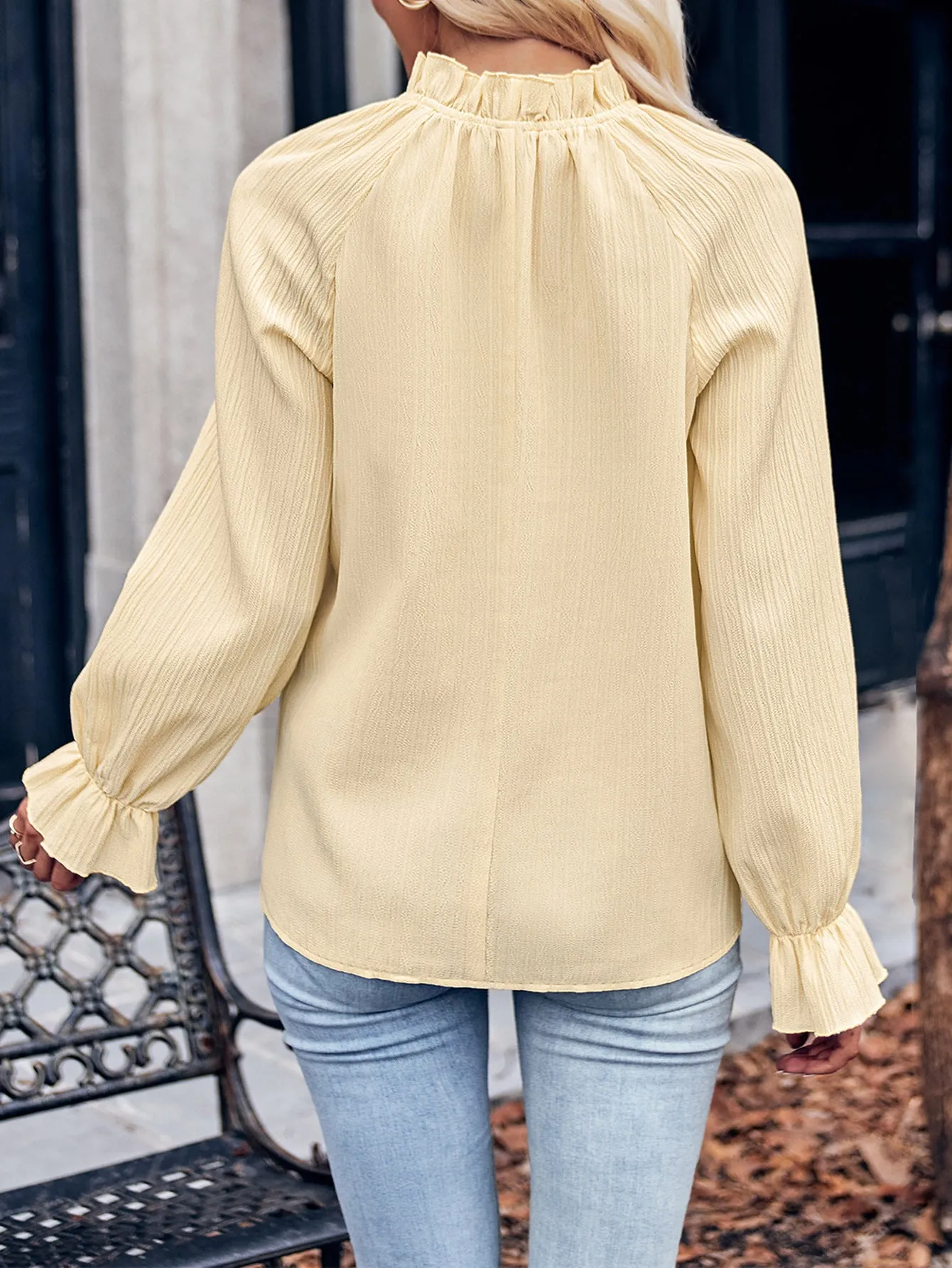 New Casual Solid Color Frilled Sleeve Trendy Slim Fit Blouse