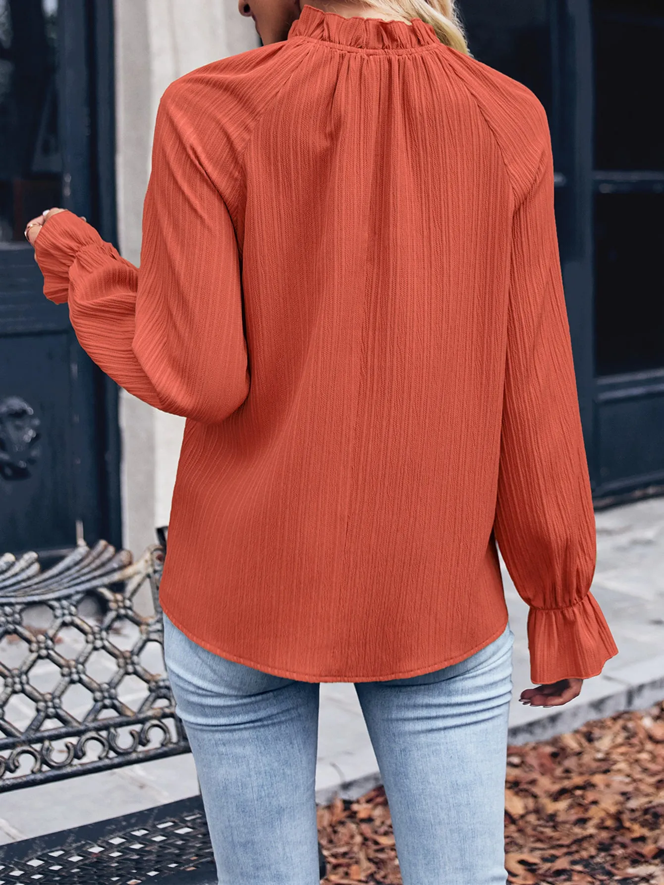 New Casual Solid Color Frilled Sleeve Trendy Slim Fit Blouse