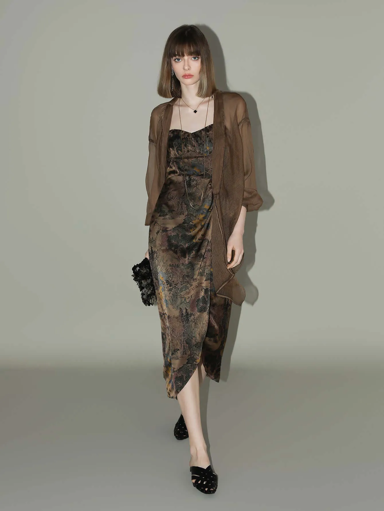 Oriental Gold Ruched Satin Print Slip Dress