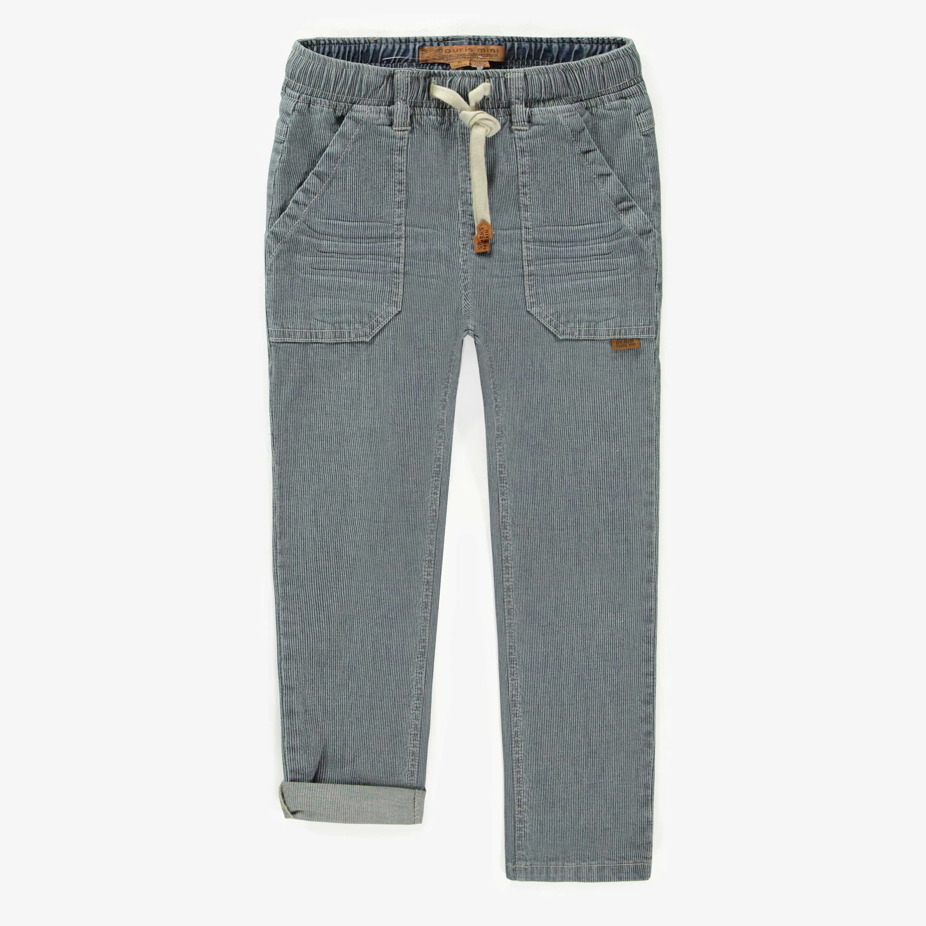 Pantalon coupe décontractée en denim cheminot extensible, bleu/crème, enfant || Relaxed fit pants in blue and cream railroad denim, child
