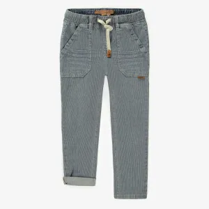 Pantalon coupe décontractée en denim cheminot extensible, bleu/crème, enfant || Relaxed fit pants in blue and cream railroad denim, child
