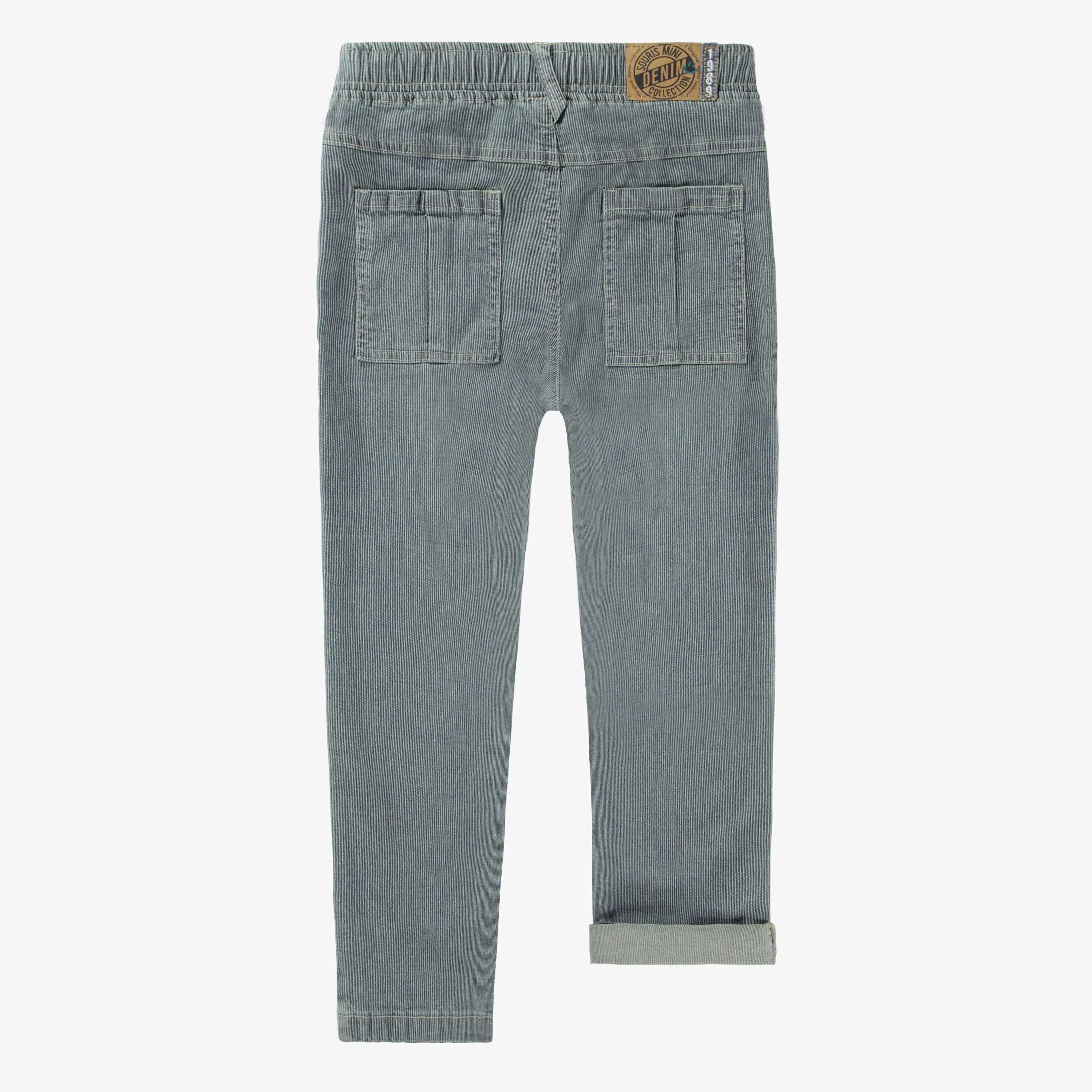 Pantalon coupe décontractée en denim cheminot extensible, bleu/crème, enfant || Relaxed fit pants in blue and cream railroad denim, child
