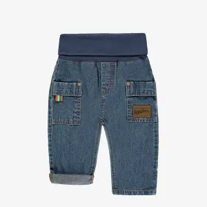 Pantalon en denim bleu moyen de coupe décontractée avec taille repliable, bébé || Medium blue denim pants in a relaxed fit with fold-away waistband, baby