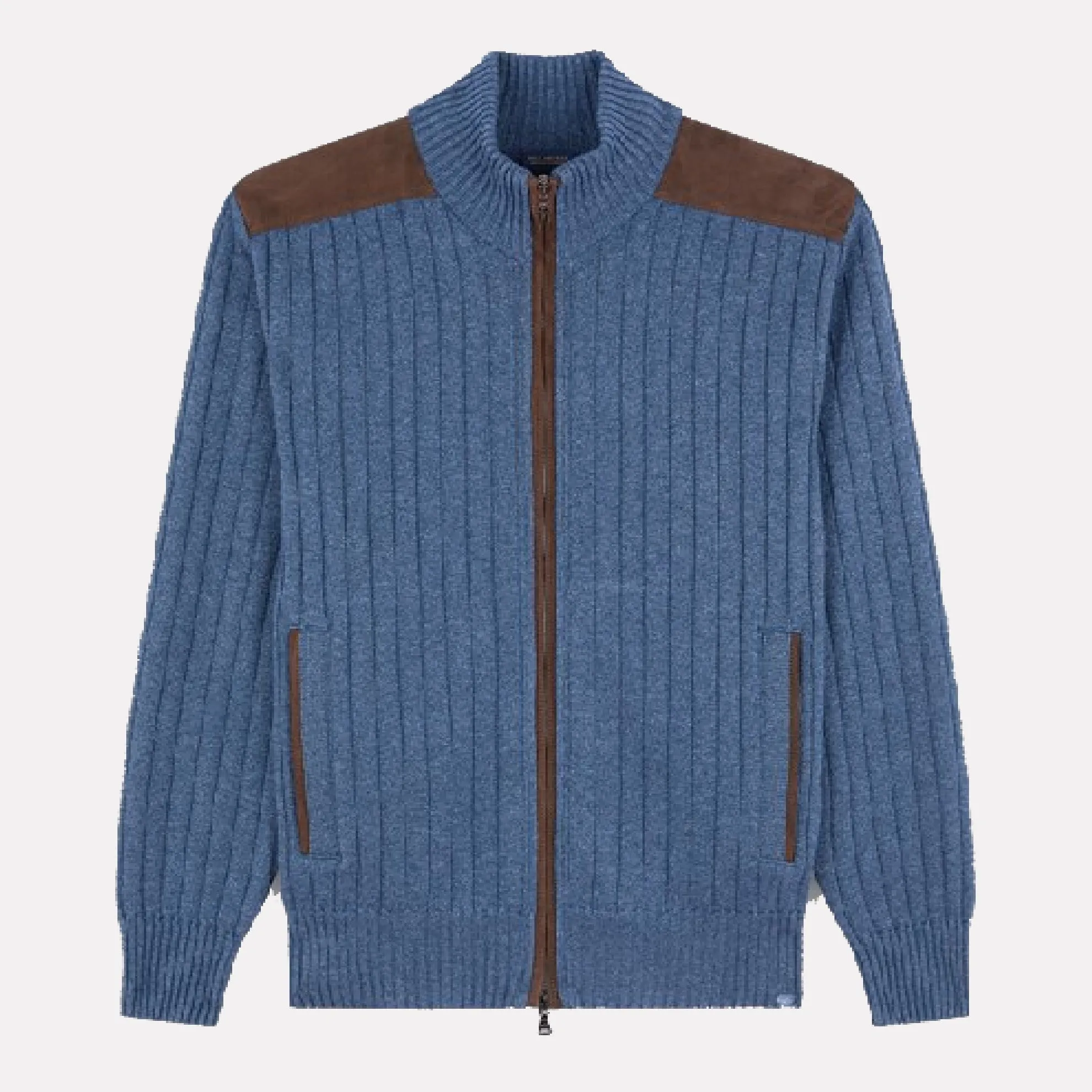 Paul & Shark Wool/Cashmere Full Zip Sweater w/Leather / Mid Blue