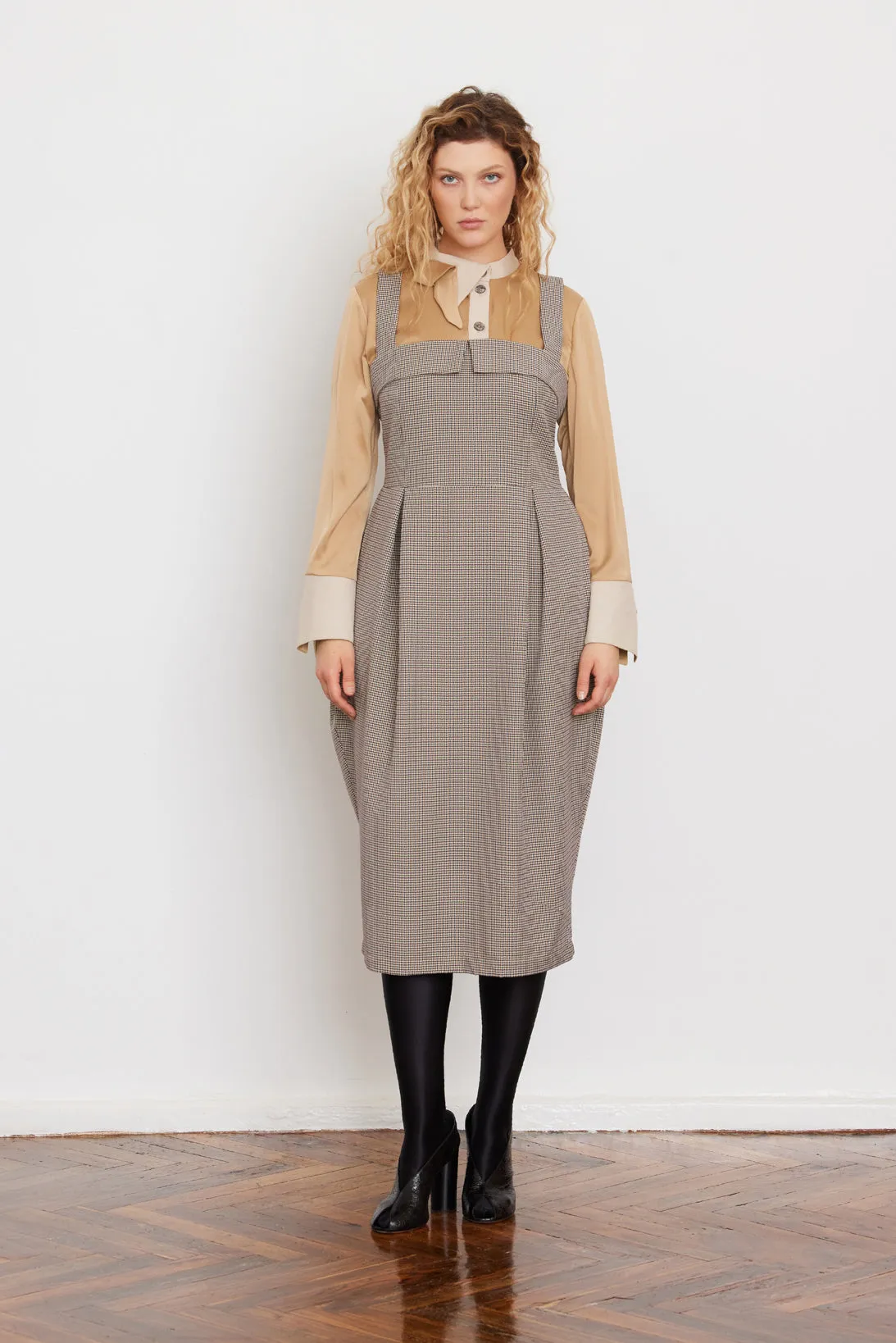 Pinafore Dress With Wide Straps And Blouse Insert Beige
