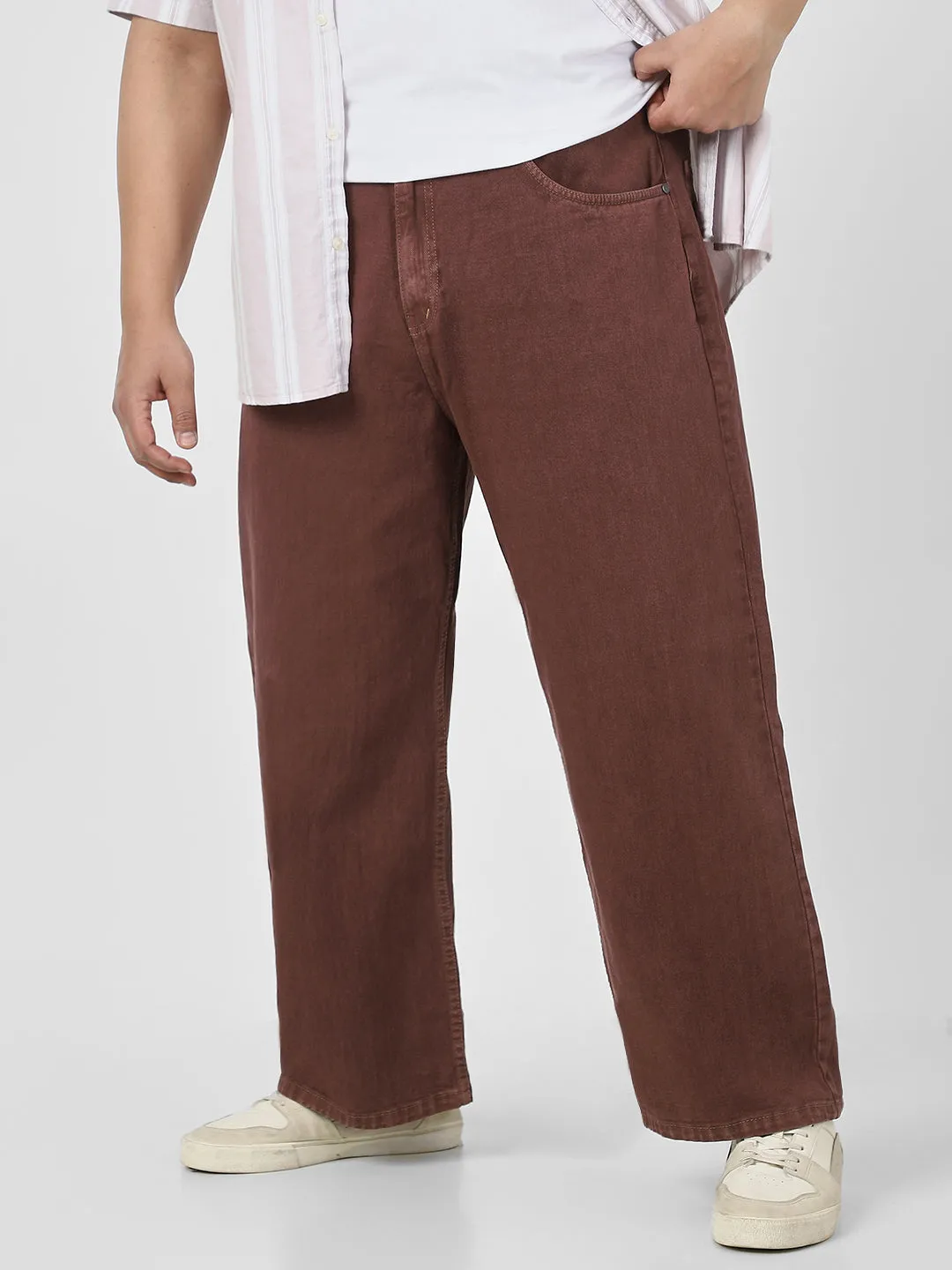 Plus Men's Brown Loose Baggy Fit Washed Jeans Non-Stretchable