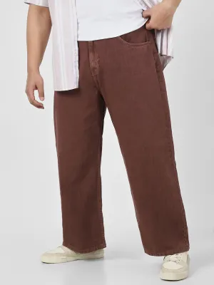 Plus Men's Brown Loose Baggy Fit Washed Jeans Non-Stretchable