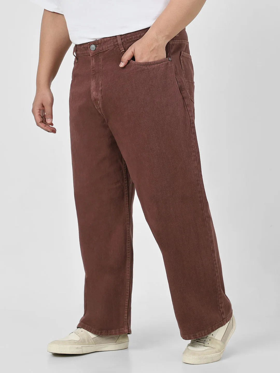 Plus Men's Brown Loose Baggy Fit Washed Jeans Non-Stretchable