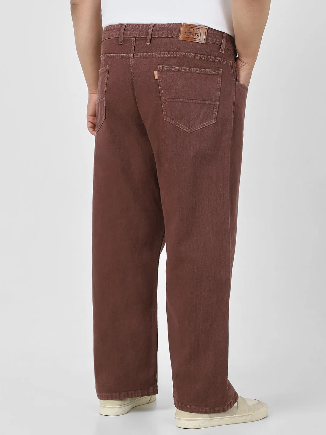 Plus Men's Brown Loose Baggy Fit Washed Jeans Non-Stretchable