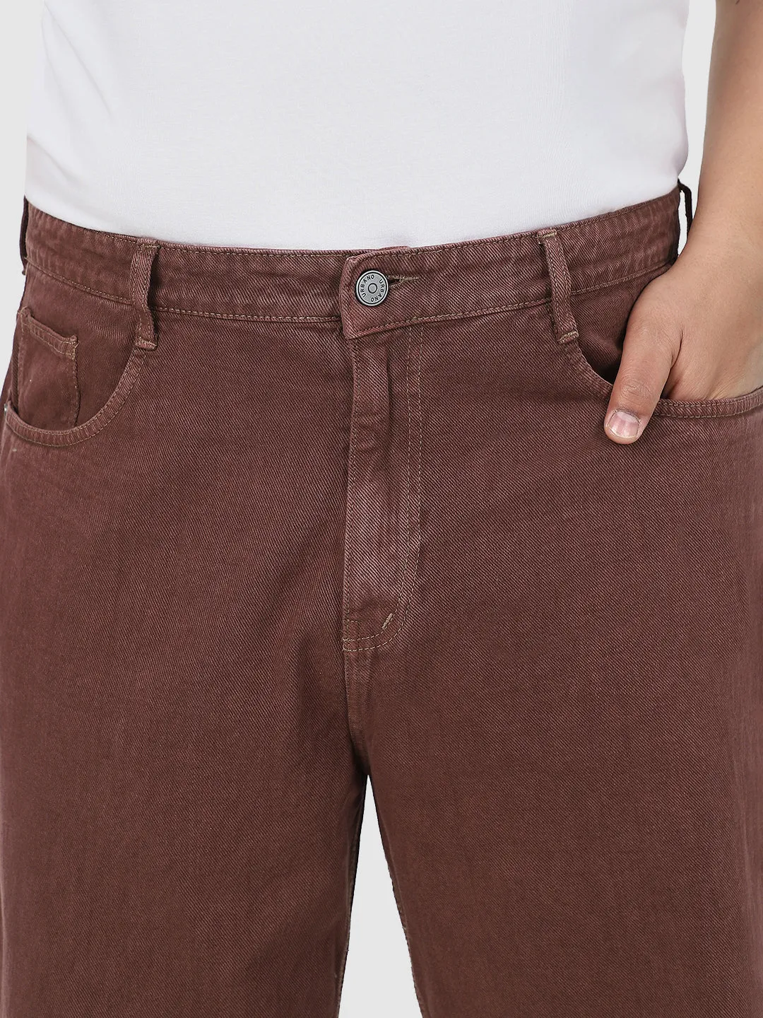 Plus Men's Brown Loose Baggy Fit Washed Jeans Non-Stretchable