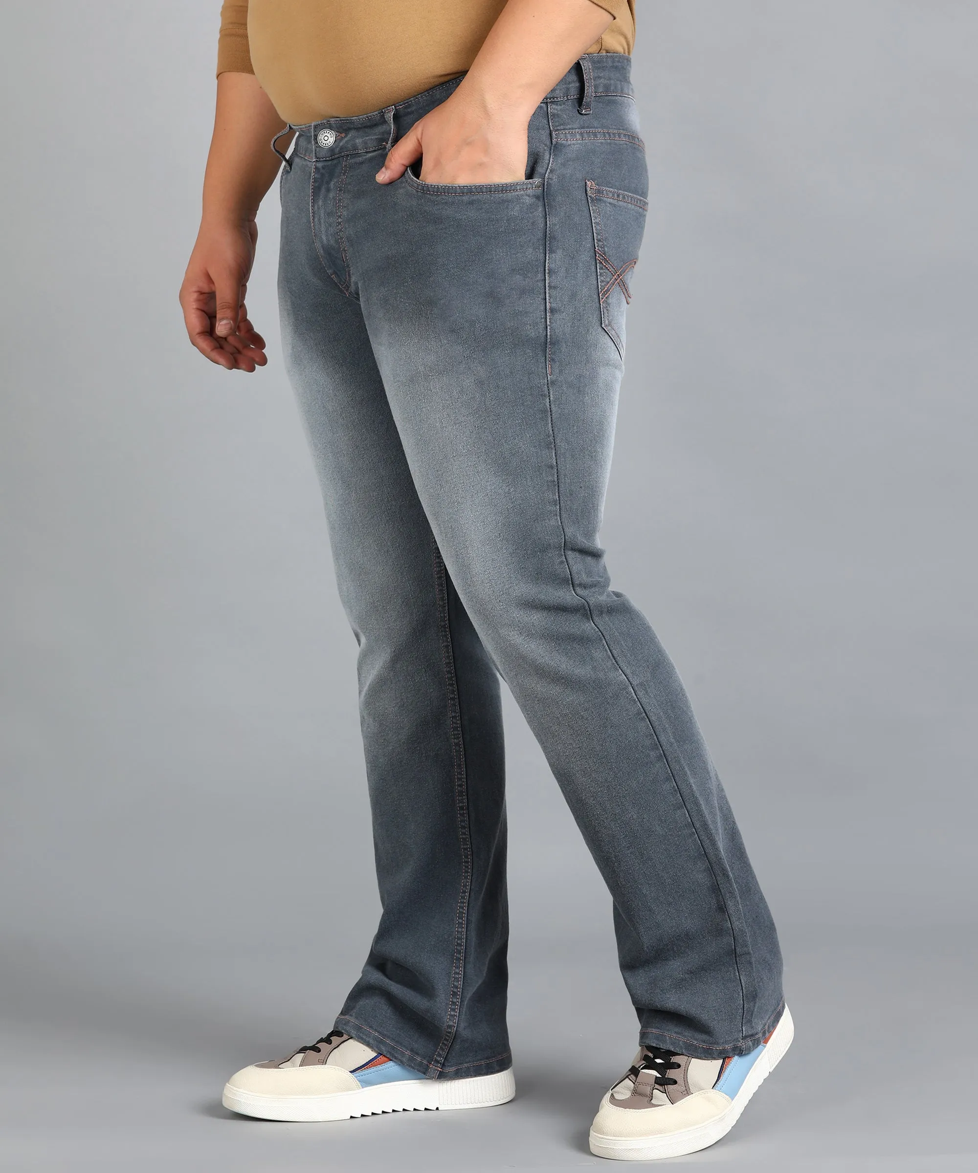 Plus Men's Grey Washed Bootcut Jeans Stretchable