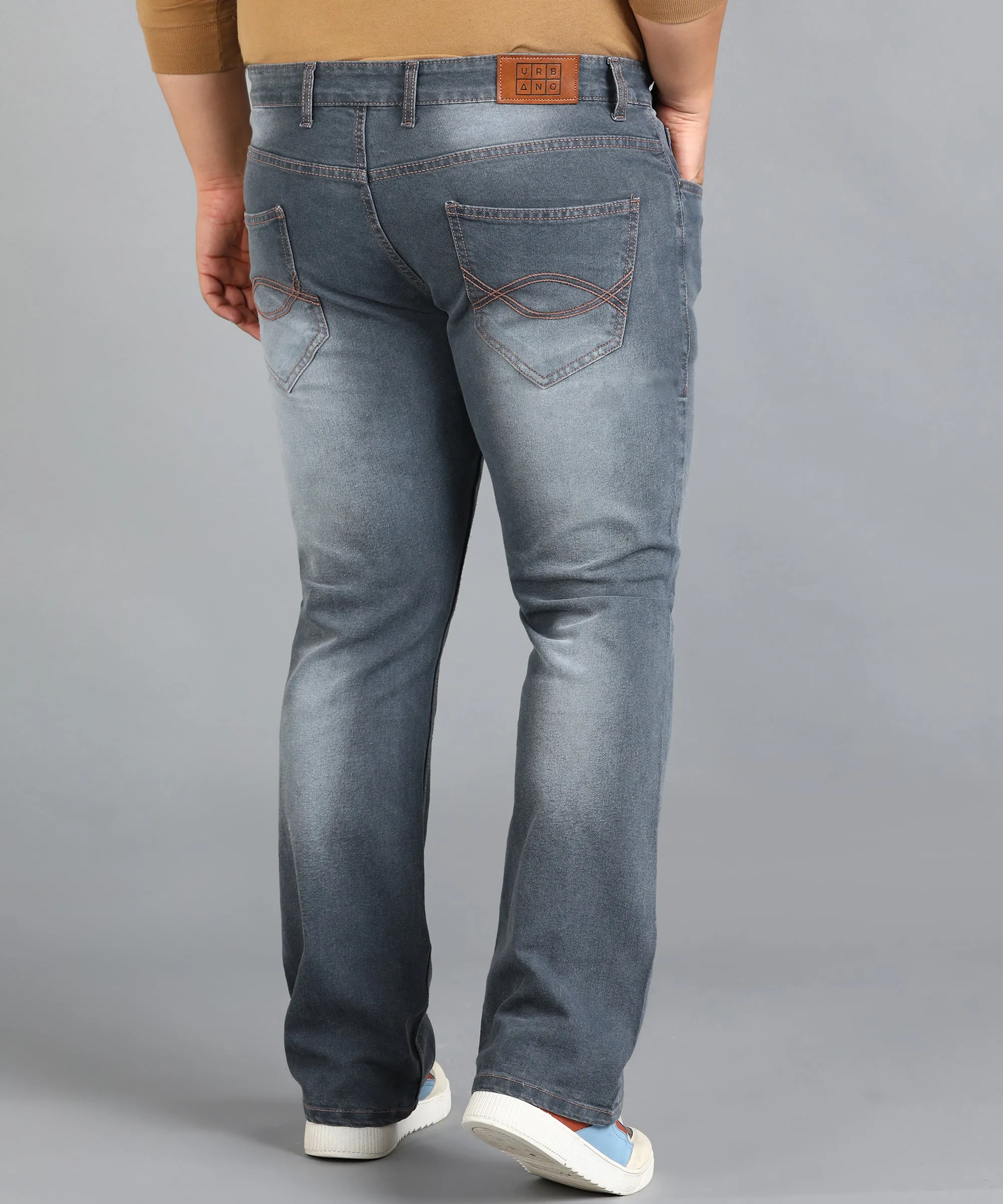 Plus Men's Grey Washed Bootcut Jeans Stretchable