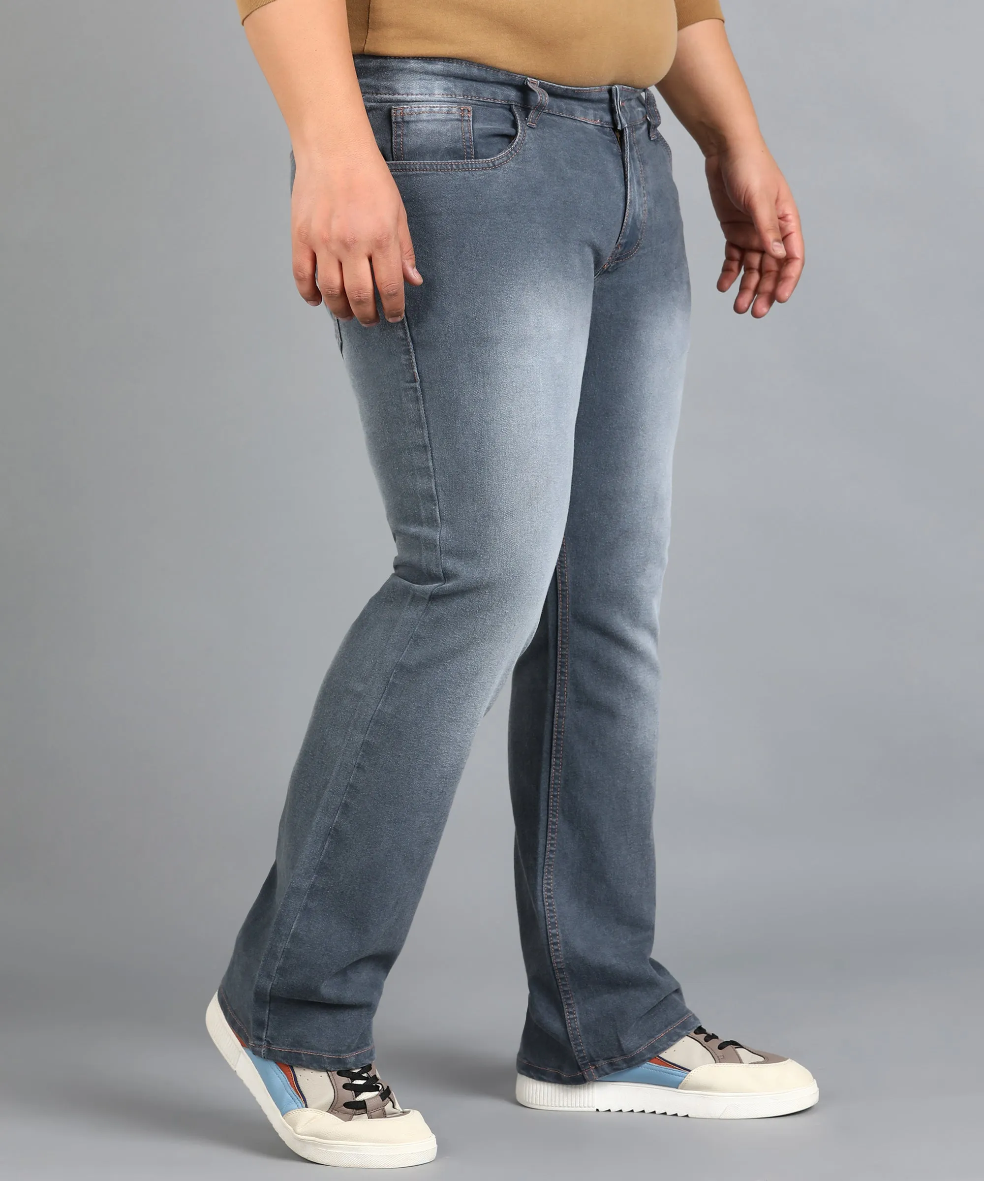 Plus Men's Grey Washed Bootcut Jeans Stretchable