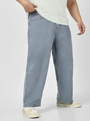 Plus Men's Light Grey Loose Baggy Fit Washed Jeans Non-Stretchable