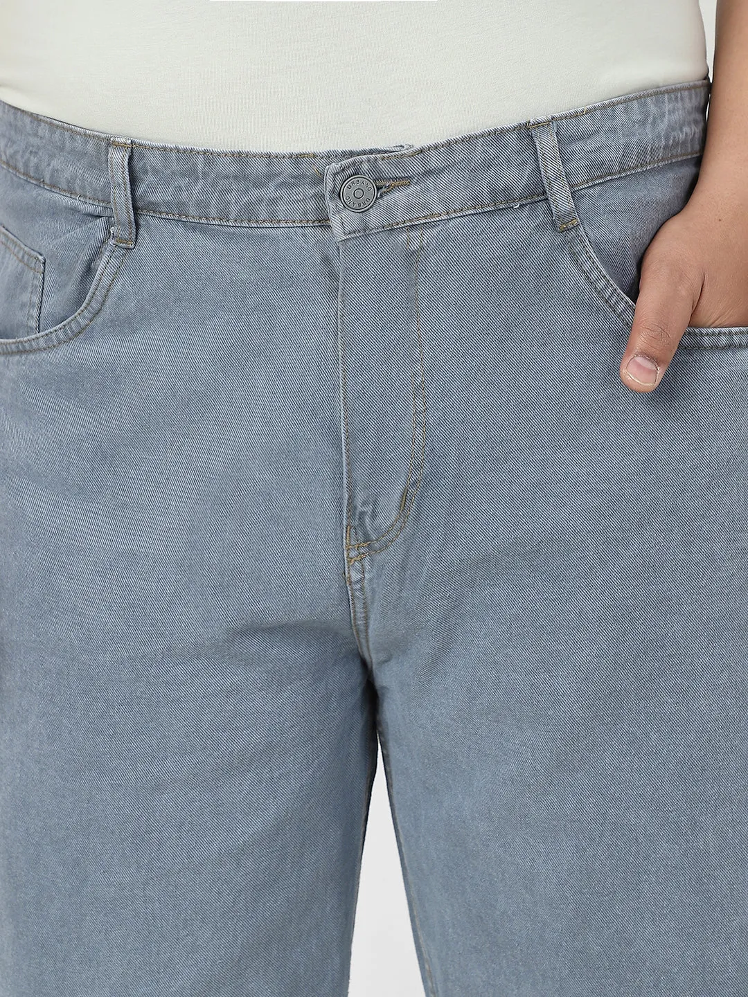 Plus Men's Light Grey Loose Baggy Fit Washed Jeans Non-Stretchable