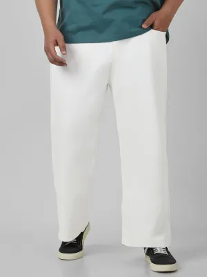 Plus Men's White Loose Baggy Fit Washed Jeans Non-Stretchable