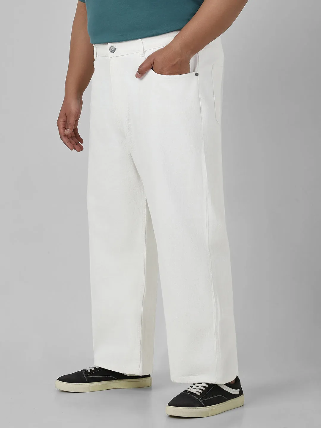 Plus Men's White Loose Baggy Fit Washed Jeans Non-Stretchable