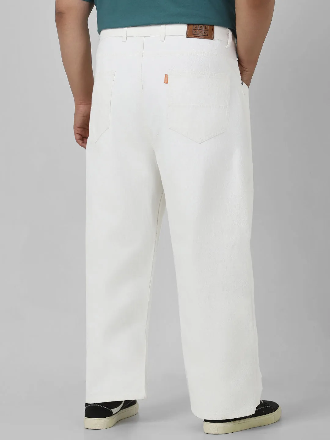 Plus Men's White Loose Baggy Fit Washed Jeans Non-Stretchable