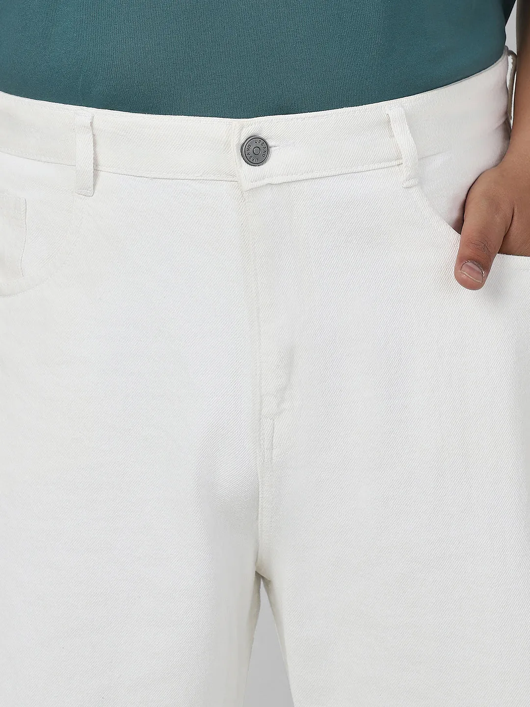 Plus Men's White Loose Baggy Fit Washed Jeans Non-Stretchable
