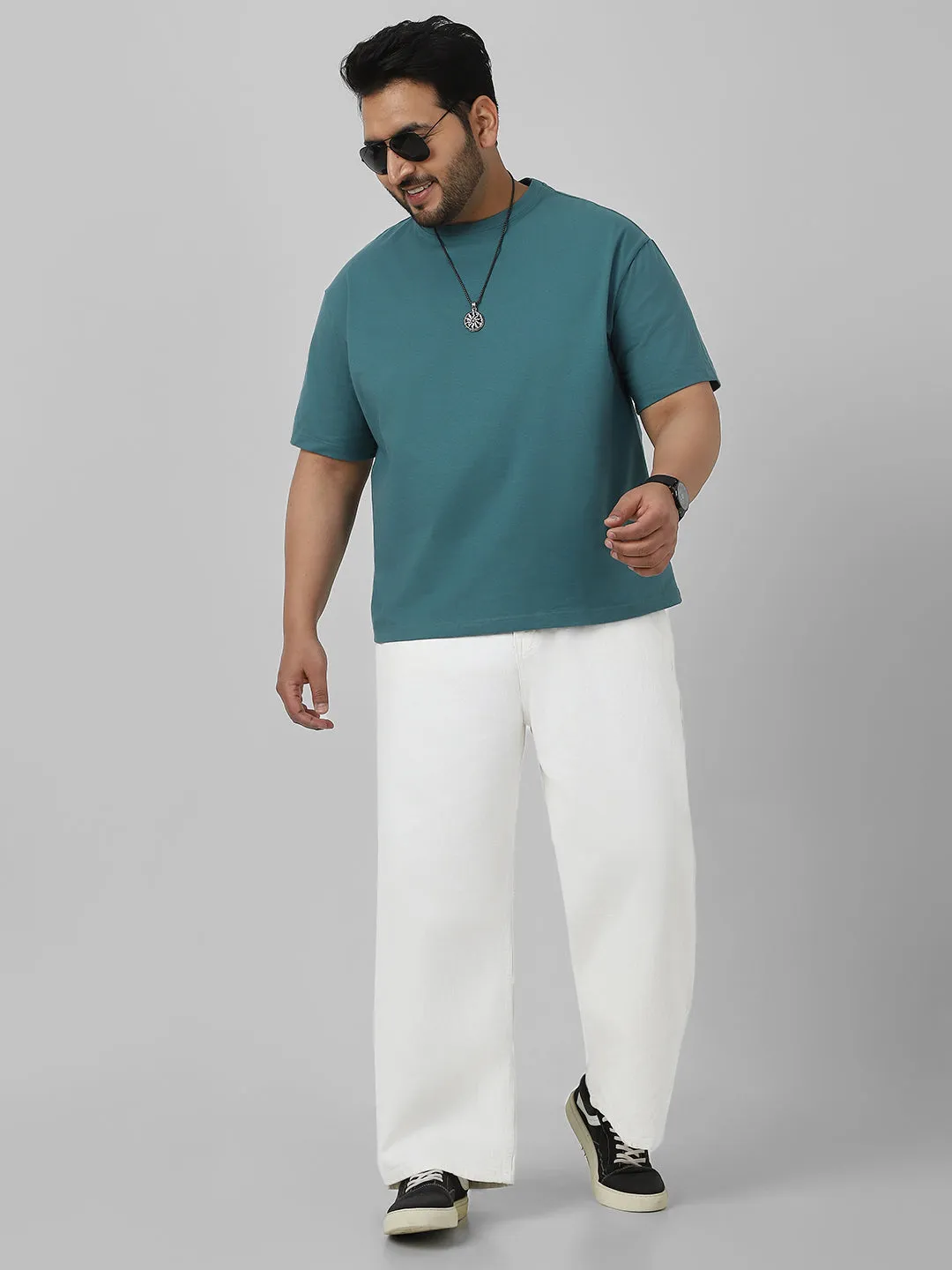 Plus Men's White Loose Baggy Fit Washed Jeans Non-Stretchable