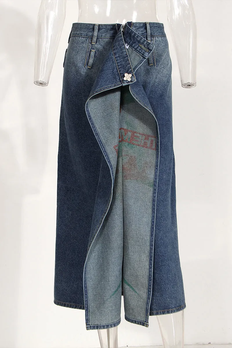 QF742 Wrap Riversible Denim Maxi Skirt
