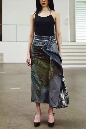 QF742 Wrap Riversible Denim Maxi Skirt