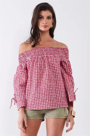Red & White Checkered Floral Print Off-The-Shoulder Relaxed Blouse Top /1-1-2-1