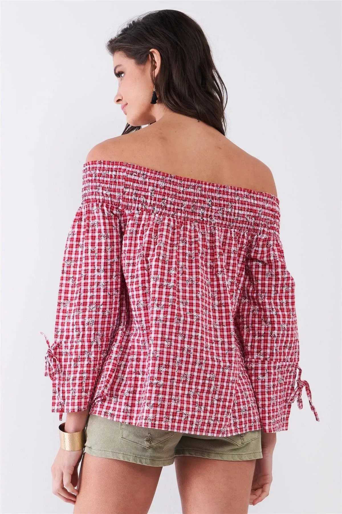 Red & White Checkered Floral Print Off-The-Shoulder Relaxed Blouse Top /1-1-2-1
