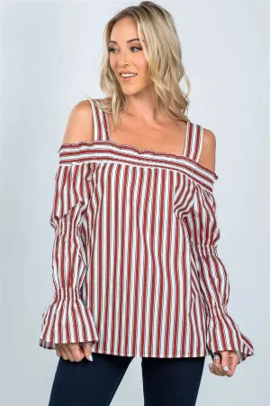 Red Boho Stripe Cold Shoulder Top /2-2-2