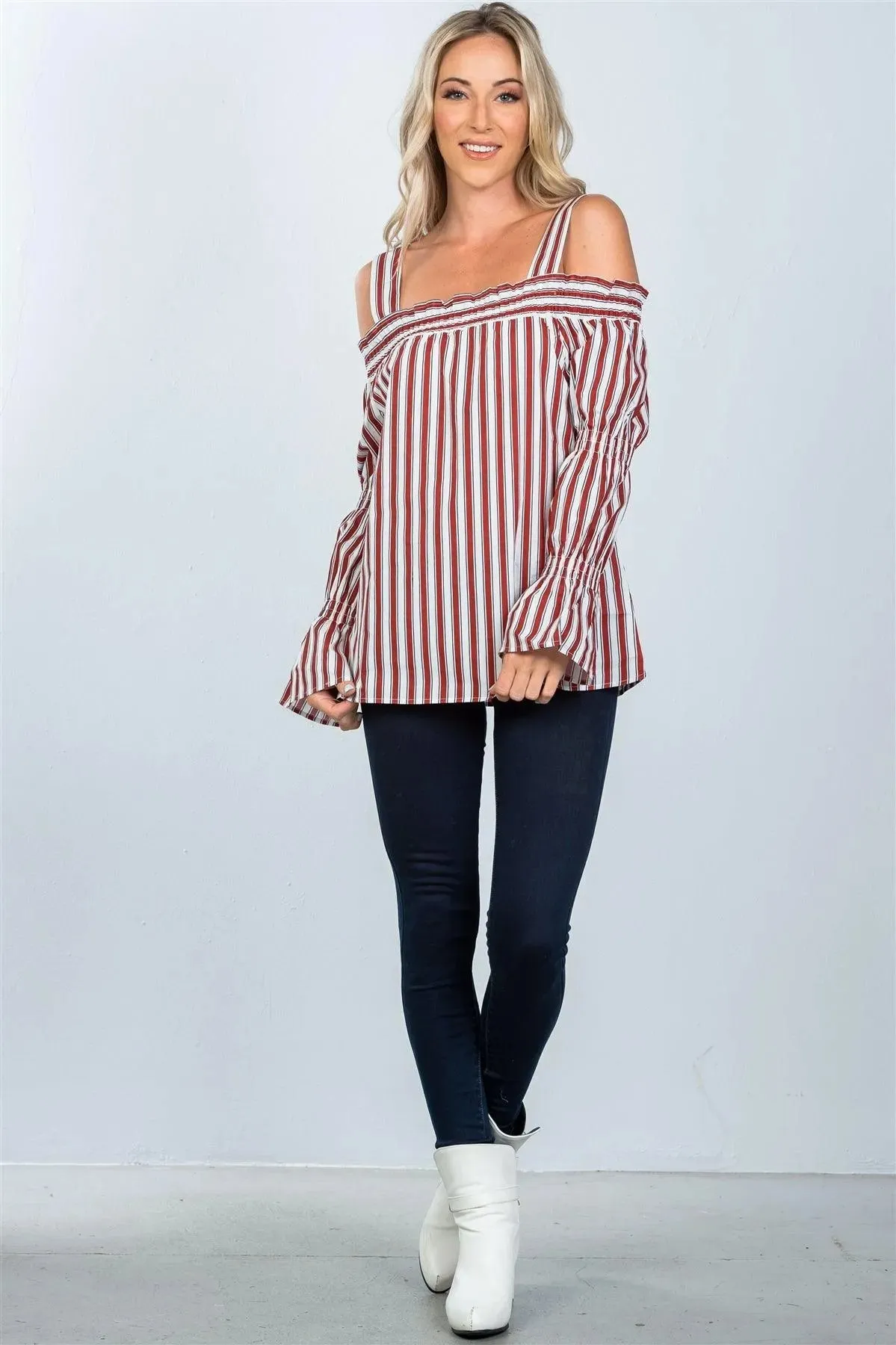 Red Boho Stripe Cold Shoulder Top /2-2-2