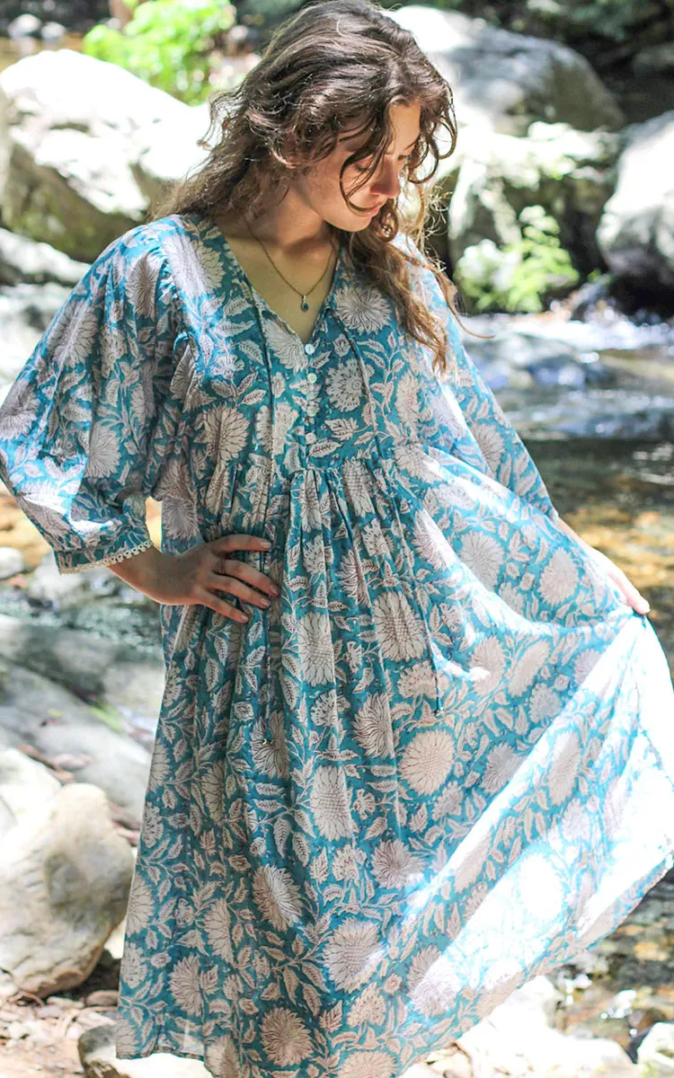 River Goddess 100% Cotton Midi Dress Hawa Sky Sunflower