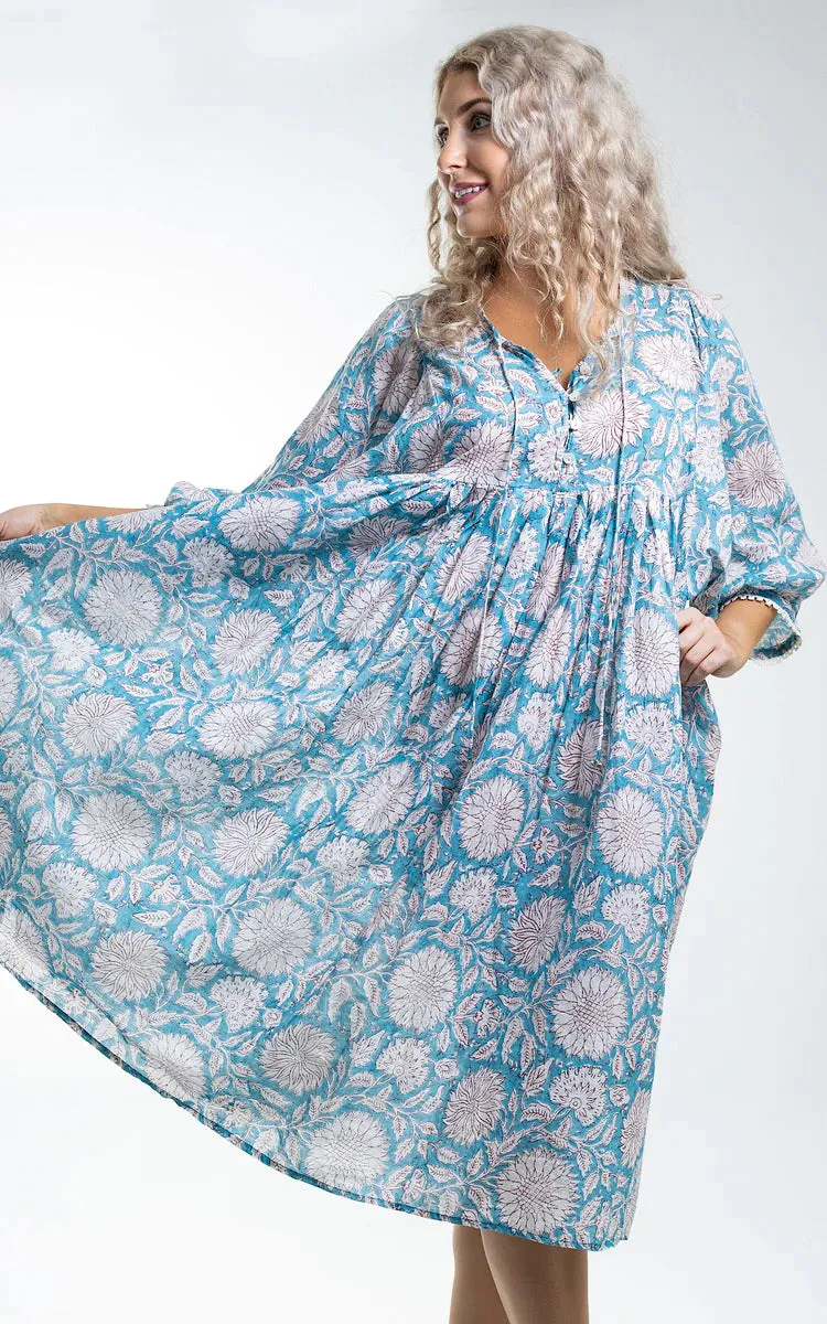 River Goddess 100% Cotton Midi Dress Hawa Sky Sunflower