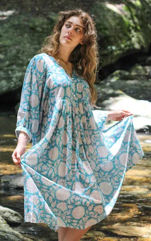 River Goddess 100% Cotton Midi Dress Hawa Sky Sunflower