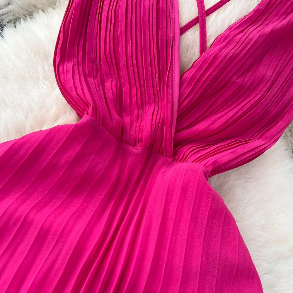 Rose Red Pleated V-neck Halter Dress