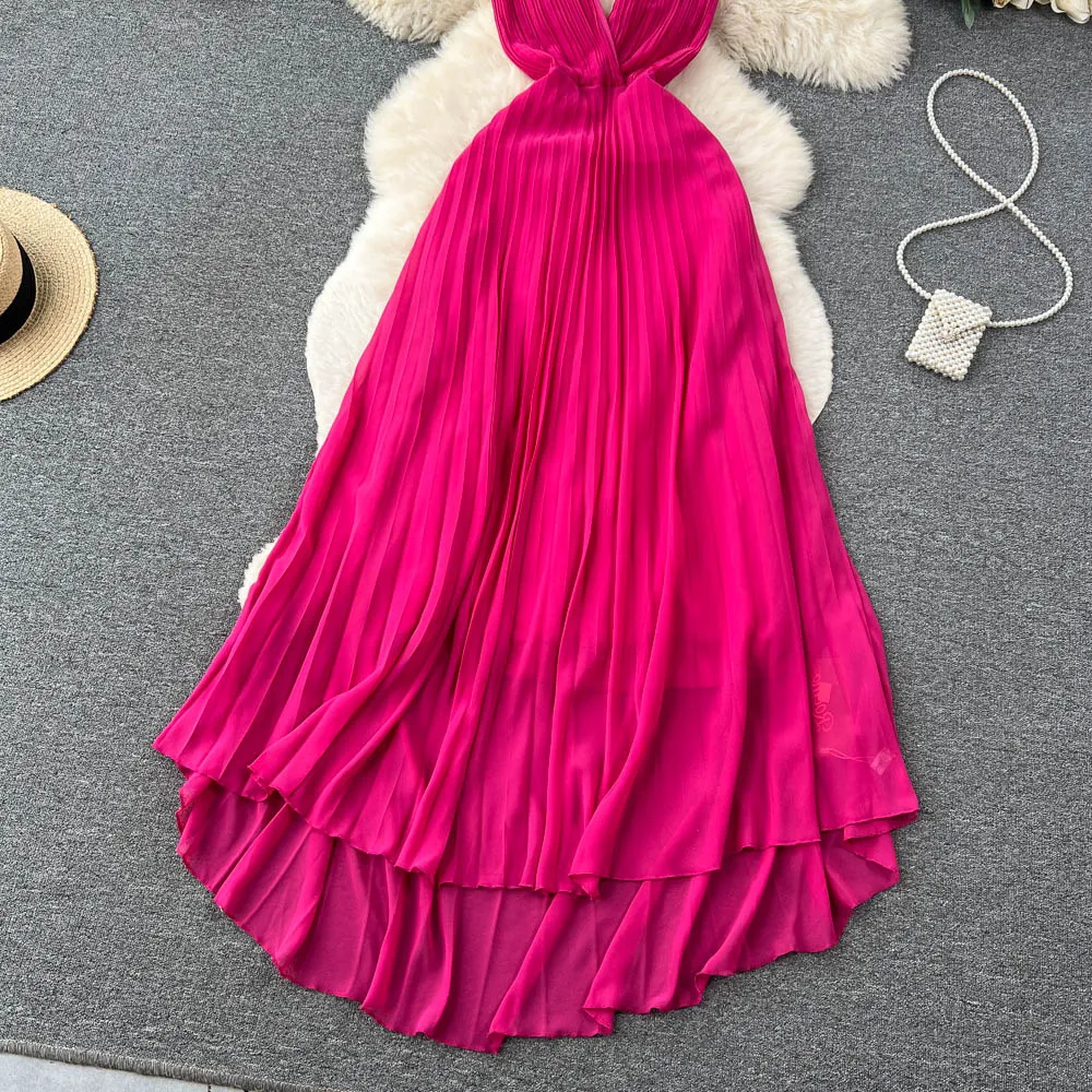 Rose Red Pleated V-neck Halter Dress