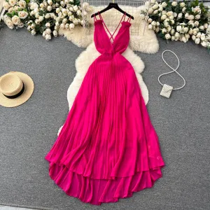 Rose Red Pleated V-neck Halter Dress