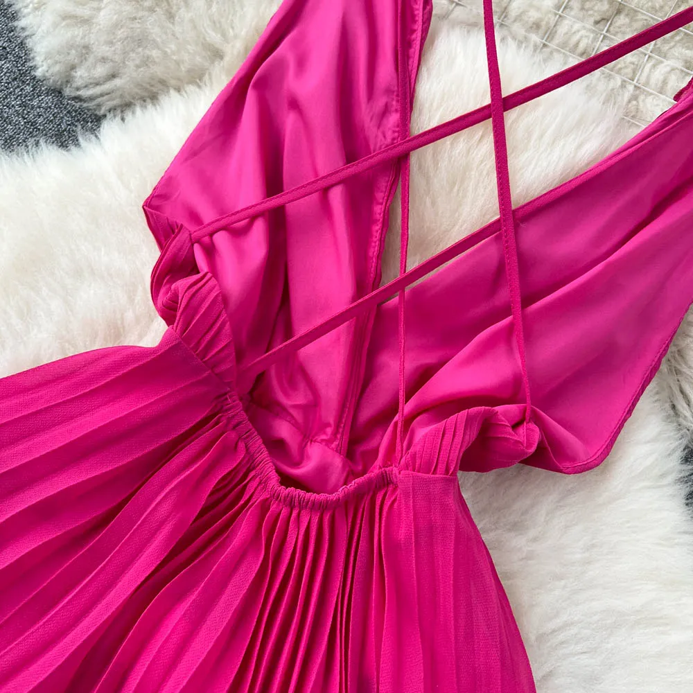 Rose Red Pleated V-neck Halter Dress